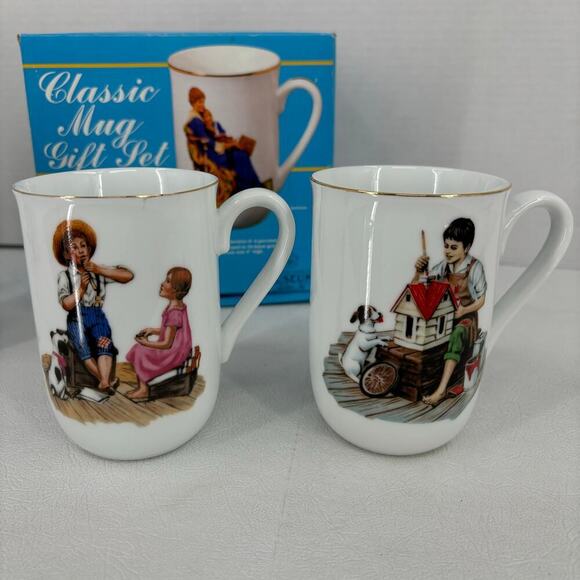 Norman Rockwell Mug Gift Set Vintage 1986 Museum Collections 24 K Gold Trim Cups - Picture 6 of 12